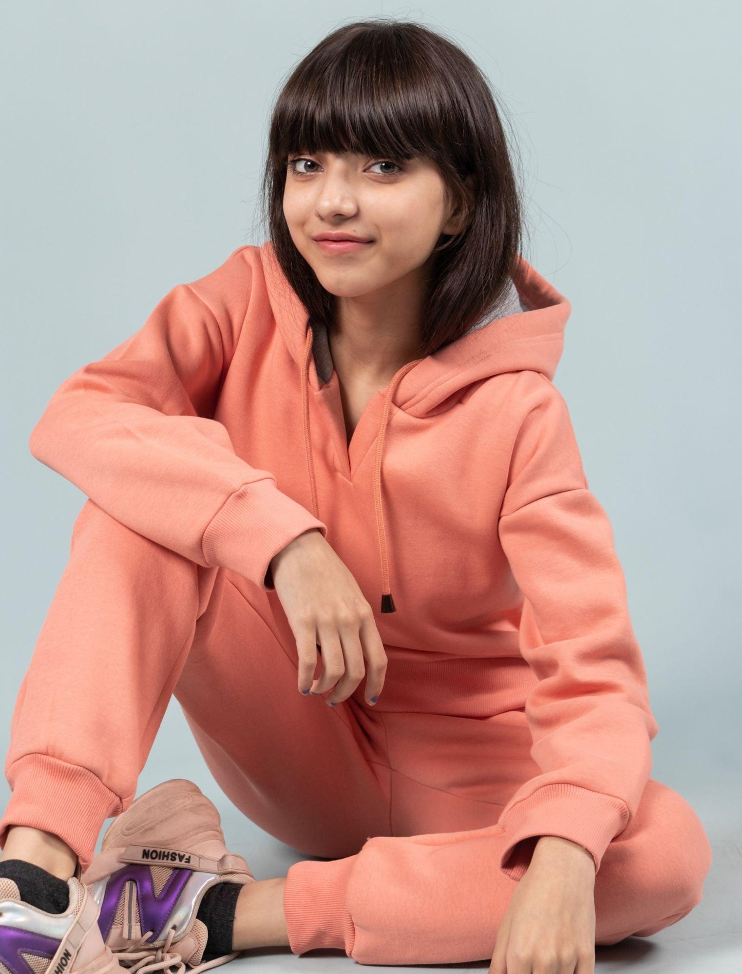 Premium Winter Fleece Hoodie for Kids Girls with Jogger Set (Coral Peach) - Tweeny Mini