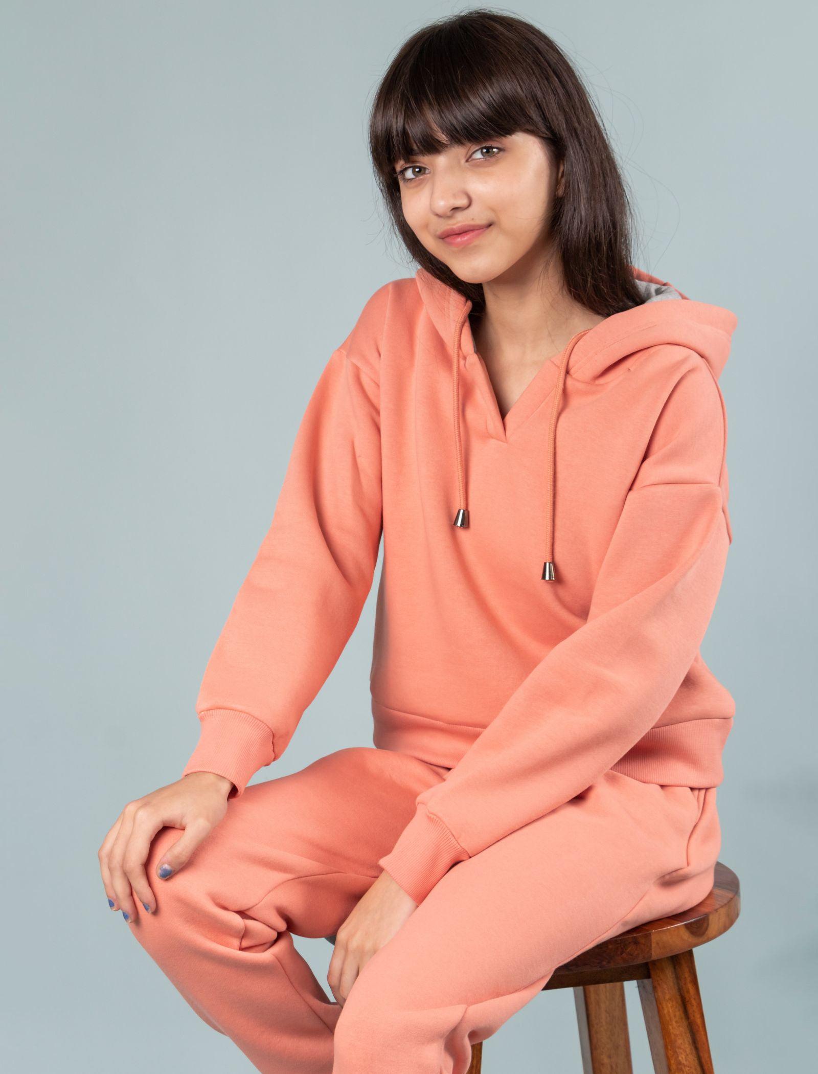 Premium Winter Fleece Hoodie for Kids Girls with Jogger Set (Coral Peach)