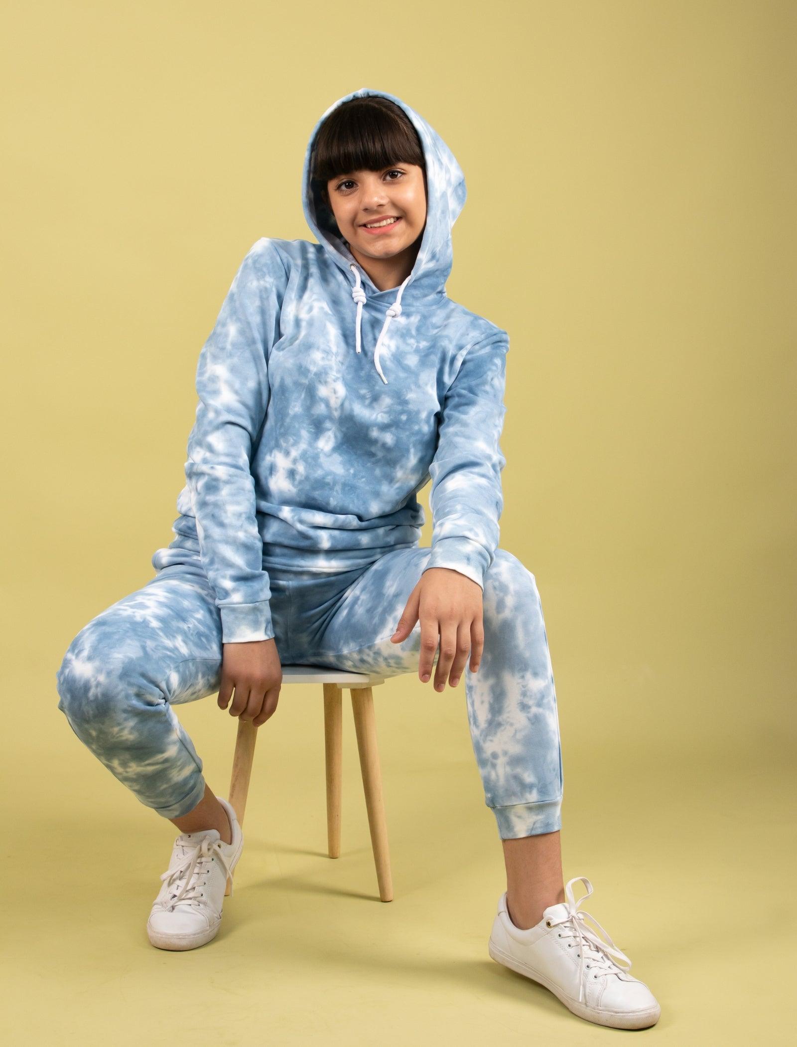 Trendy Tie-Dye Hoodie Jogger Set for Kids Girls (Cerulean Blue) - Tweeny Mini