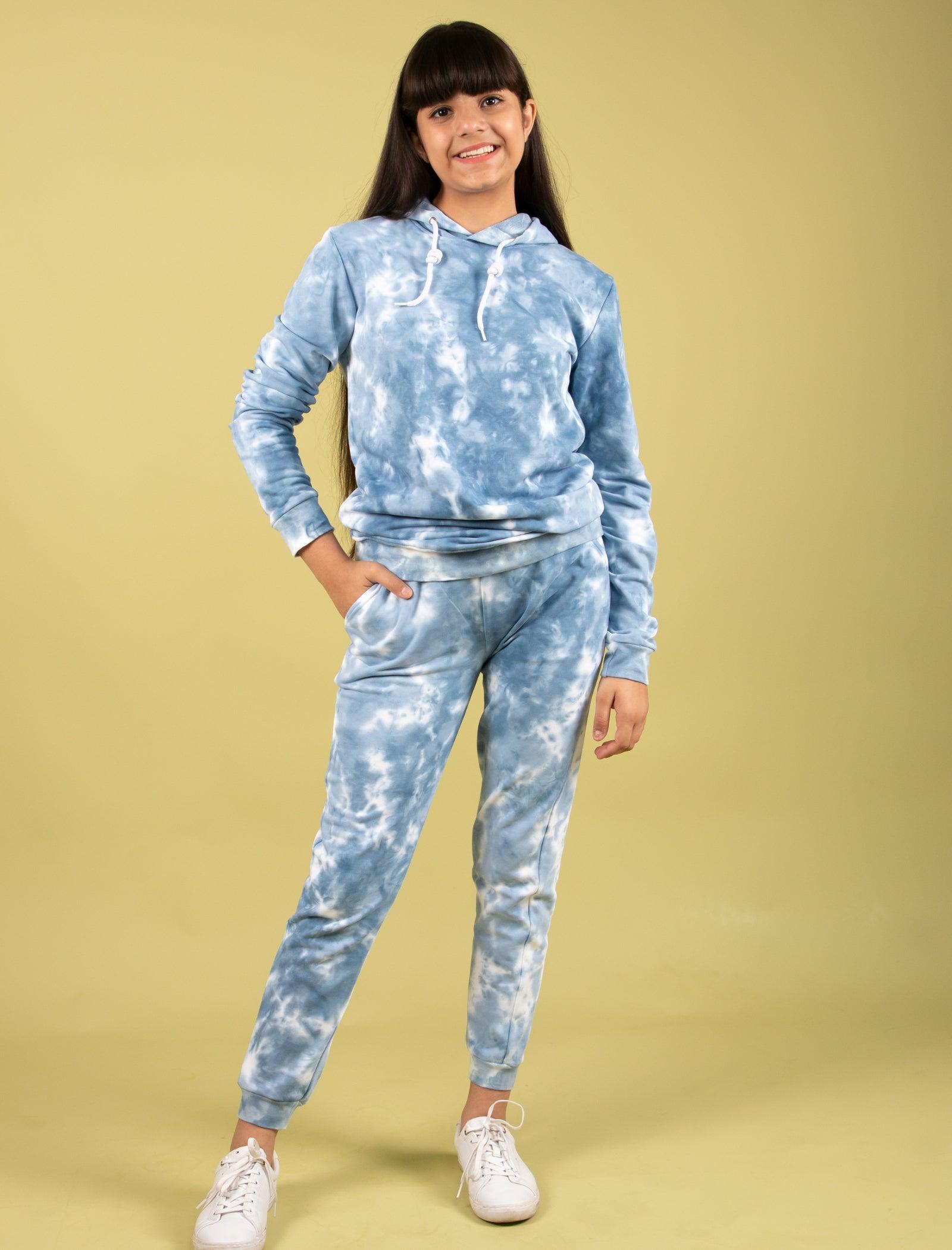 Trendy Tie-Dye Hoodie Jogger Set for Kids Girls (Cerulean Blue)