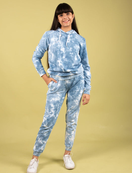 Trendy Tie-Dye Hoodie Jogger Set for Kids Girls (Cerulean Blue) - Tweeny Mini