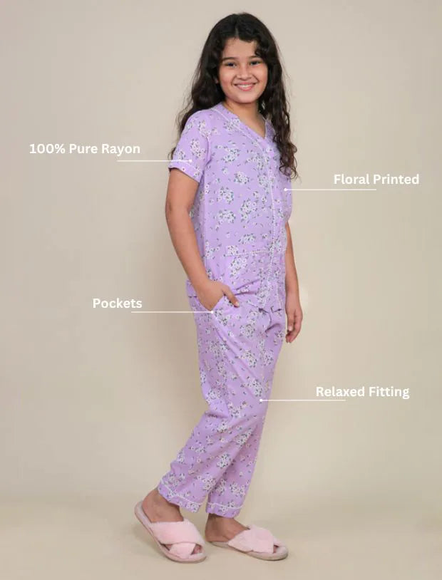 Lavender Floral Rayon Night Suit for Girls
