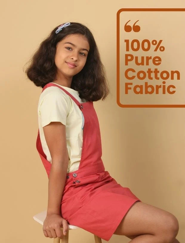 Premium Twill Cotton Pinafore Dress for Girls (Melon Red)