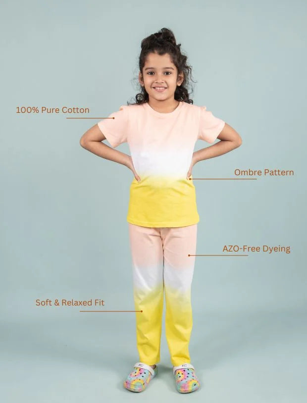 Ombre Tie-Dye Girls Nightsuit for Kids Girls with Pyjama Set  (Yellow Peach)