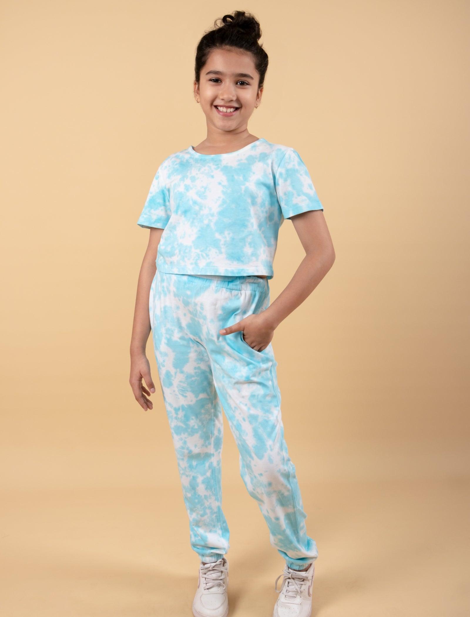 Trendy Summer Tie-Dye Joggers Set for Girls Kids (Tropical Blue) - Tweeny Mini