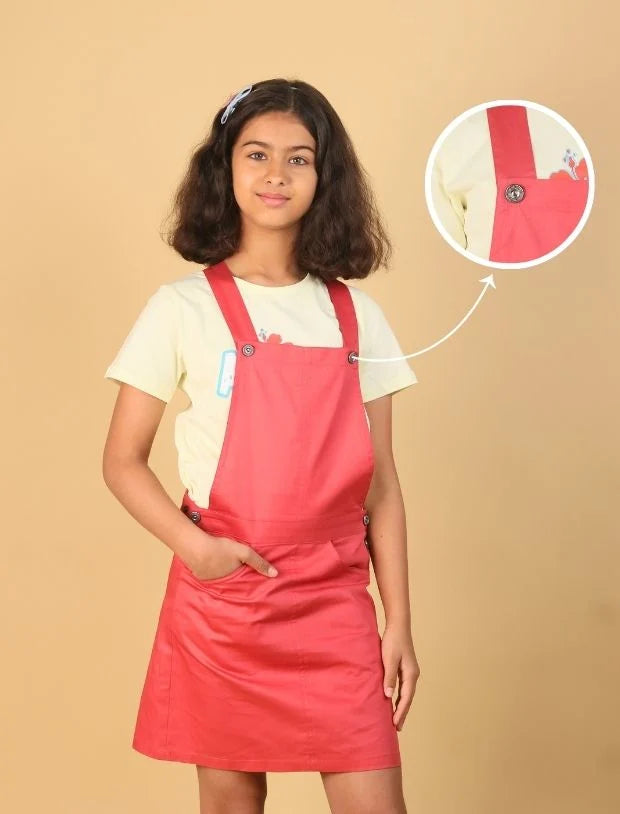 Premium Twill Cotton Pinafore Dress for Girls (Melon Red)