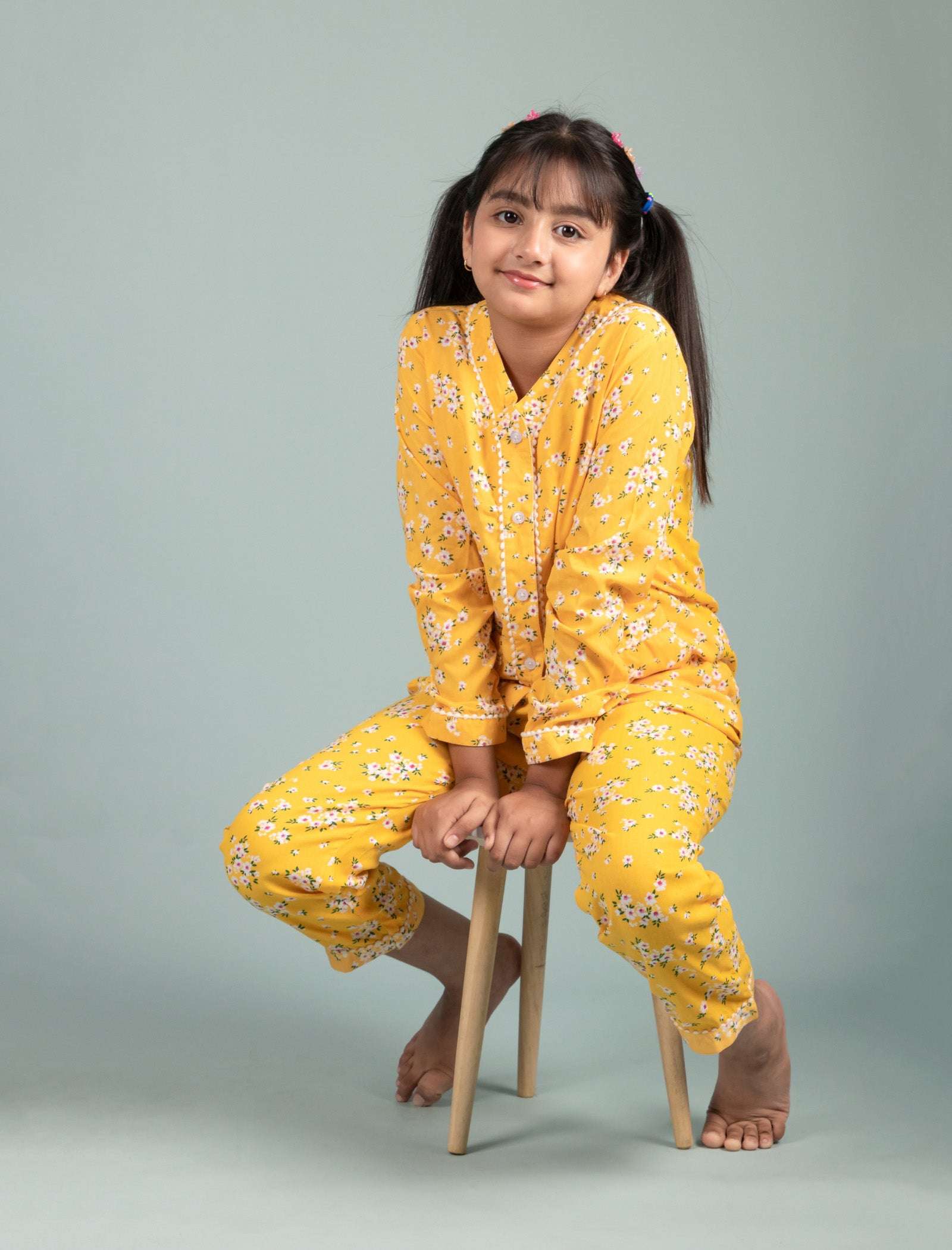 Pure Rayon Girls Kids Floral Night Dress (Full Sleeves, Yellow) - Tweeny Mini