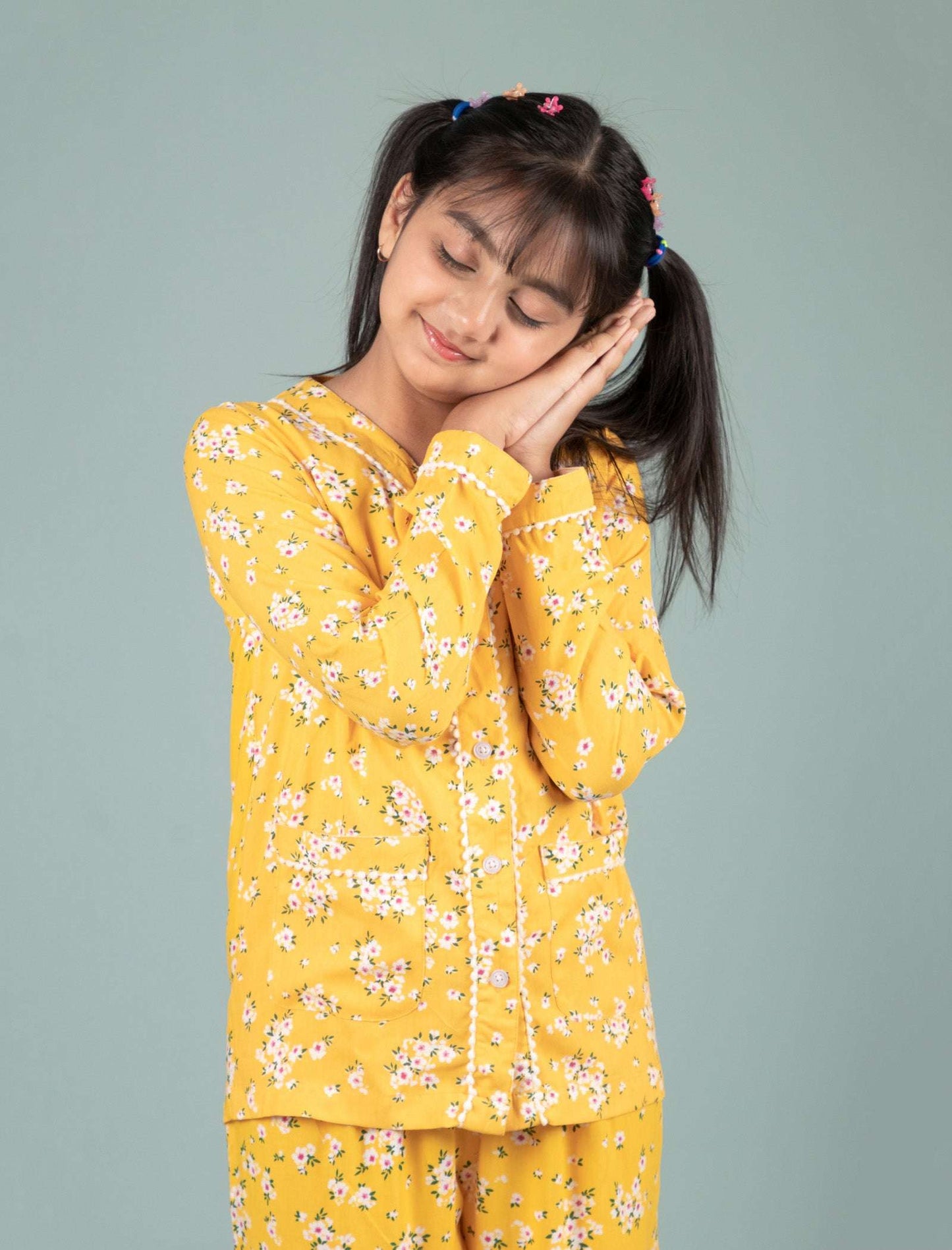 Pure Rayon Girls Kids Floral Night Dress (Full Sleeves, Yellow) - Tweeny Mini