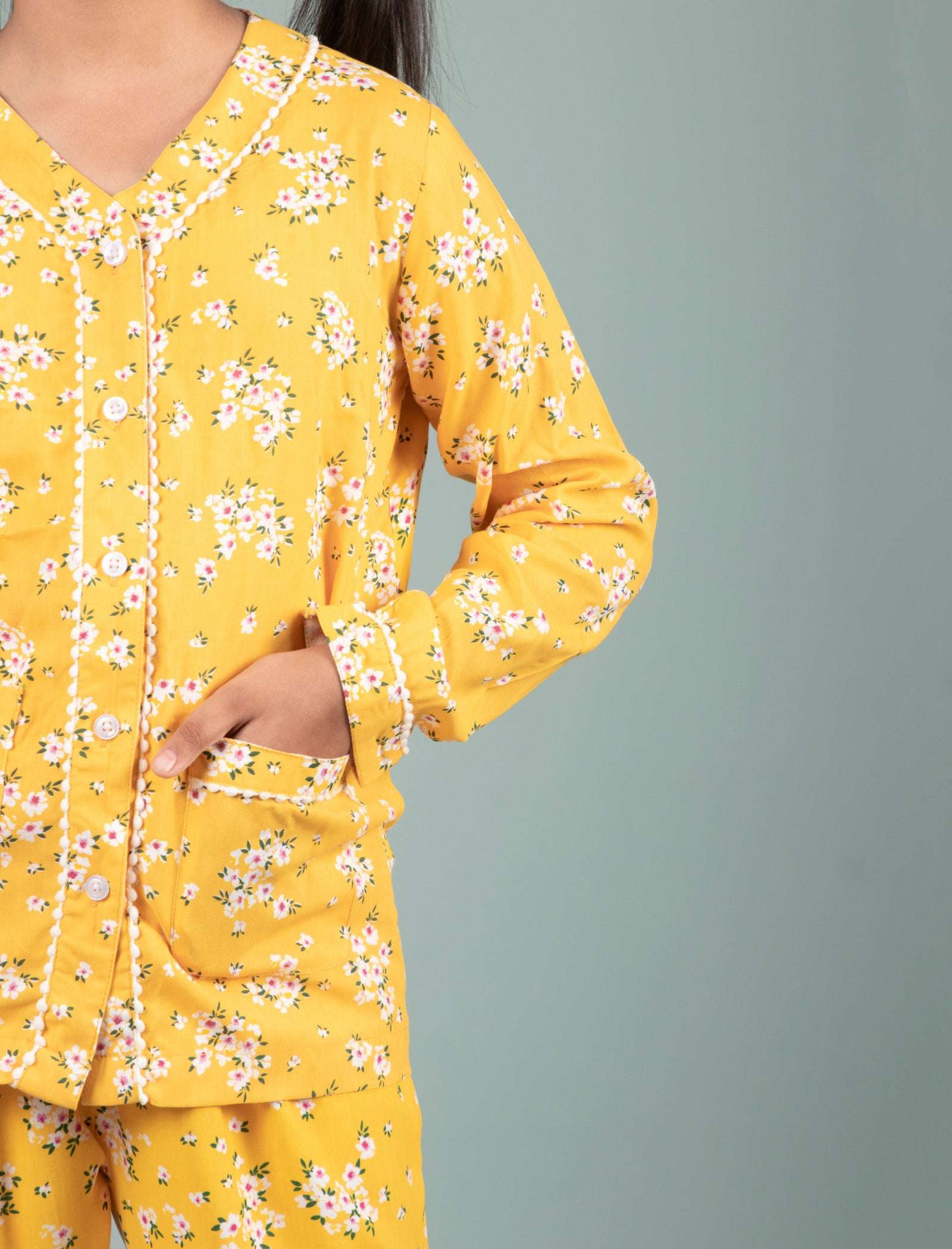 Pure Rayon Girls Kids Floral Night Dress (Full Sleeves, Yellow) - Tweeny Mini