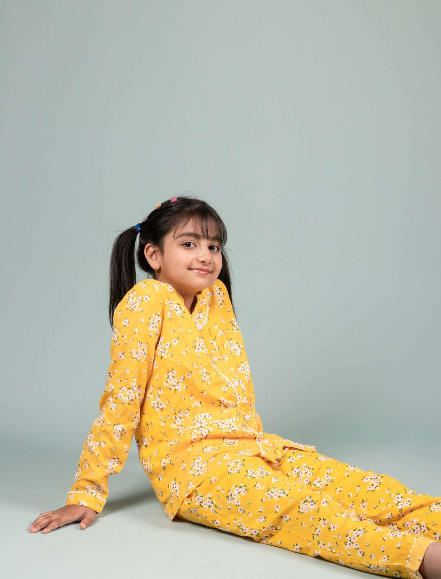 Pure Rayon Girls Kids Floral Night Dress (Full Sleeves, Yellow) - Tweeny Mini