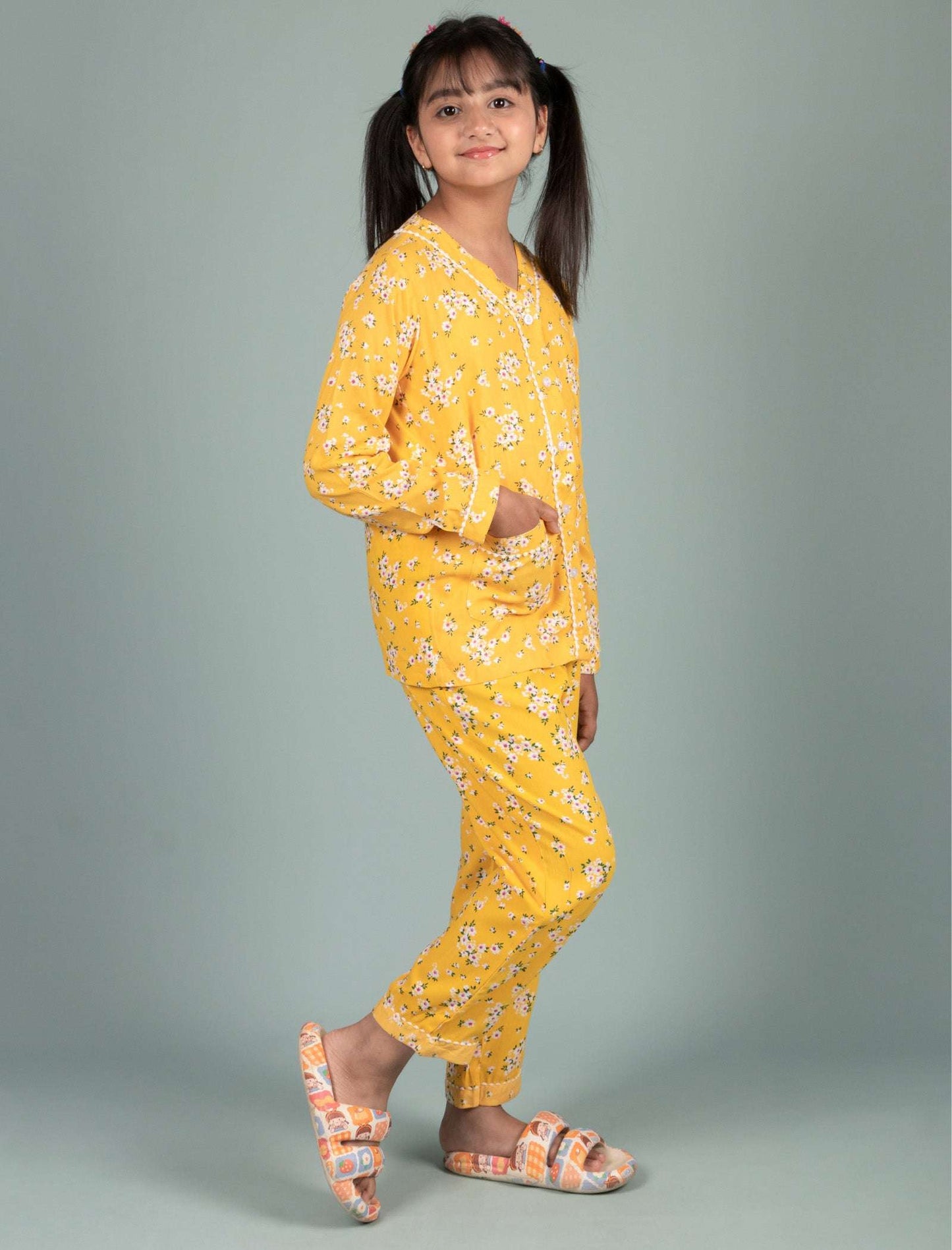 Pure Rayon Girls Kids Floral Night Dress (Full Sleeves, Yellow) - Tweeny Mini