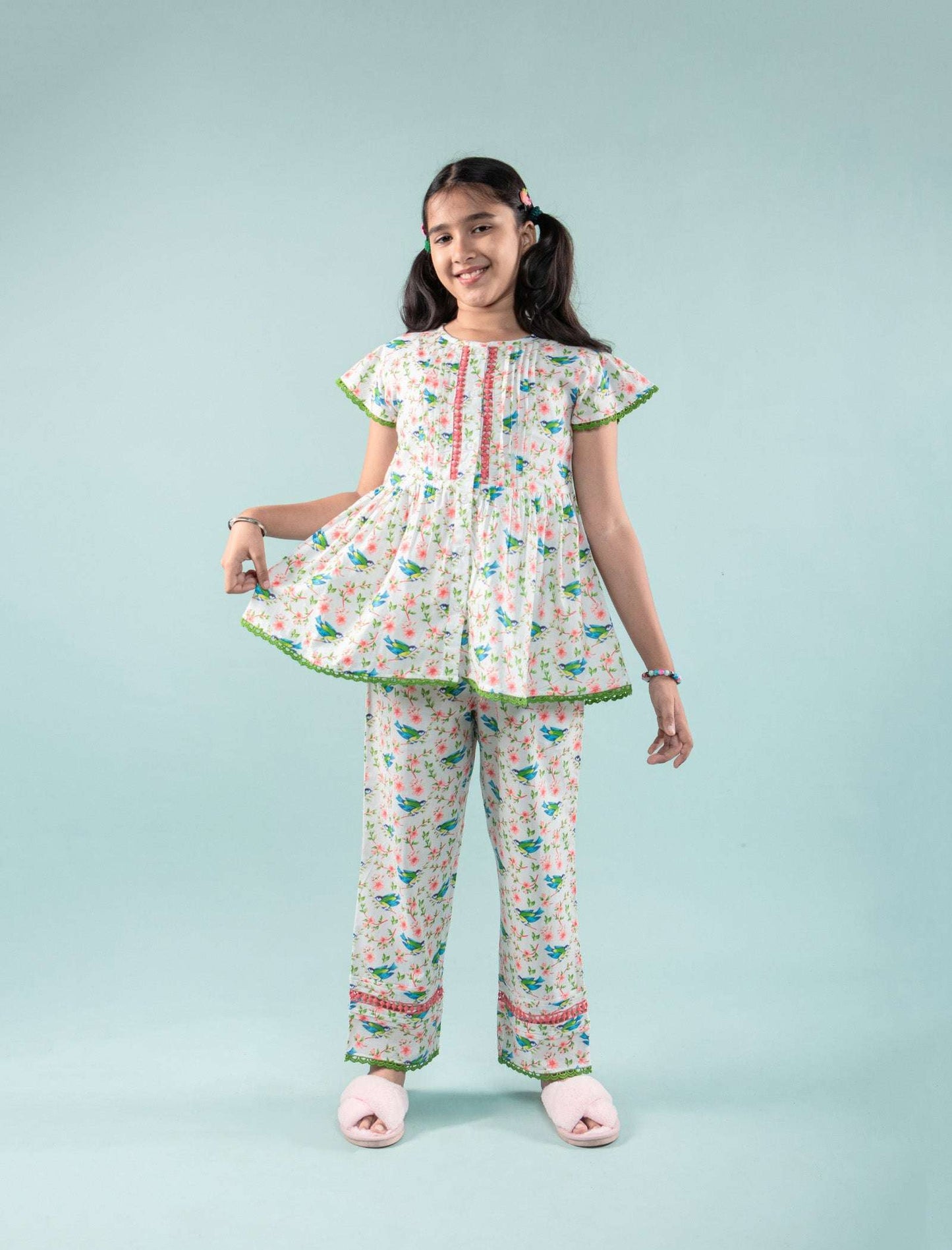 Bird Printed Girls Cotton Nightsuit with Eye Mask (Green) - Tweeny Mini