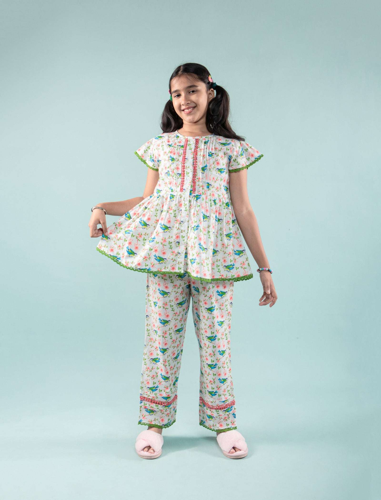 Bird Printed Girls Cotton Nightsuit with Eye Mask (Green) - Tweeny Mini