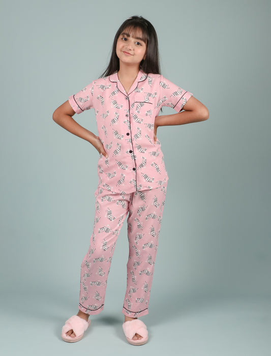Pure Rayon Zebra Printed Kids Girls Nightwear Pajama Set (Half Sleeves, Pink) - Tweeny Mini