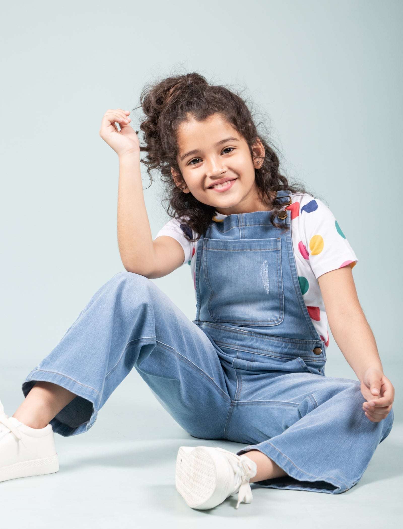 Denim Dungaree for Girls with Half Sleeves T'shirt (Light Blue) - Tweeny Mini