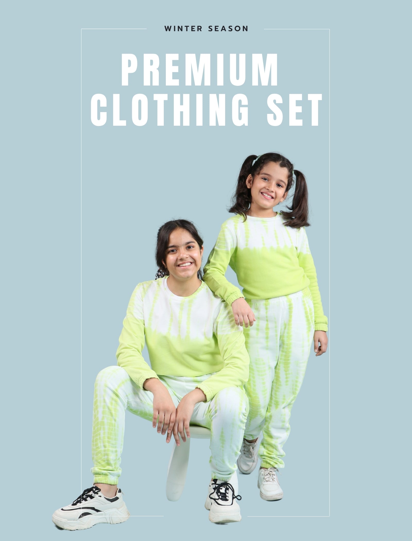 Premium Terry Cotton Tie Dye Girls Kids Winter Joggers Set (Citrus Green) - Tweeny Mini