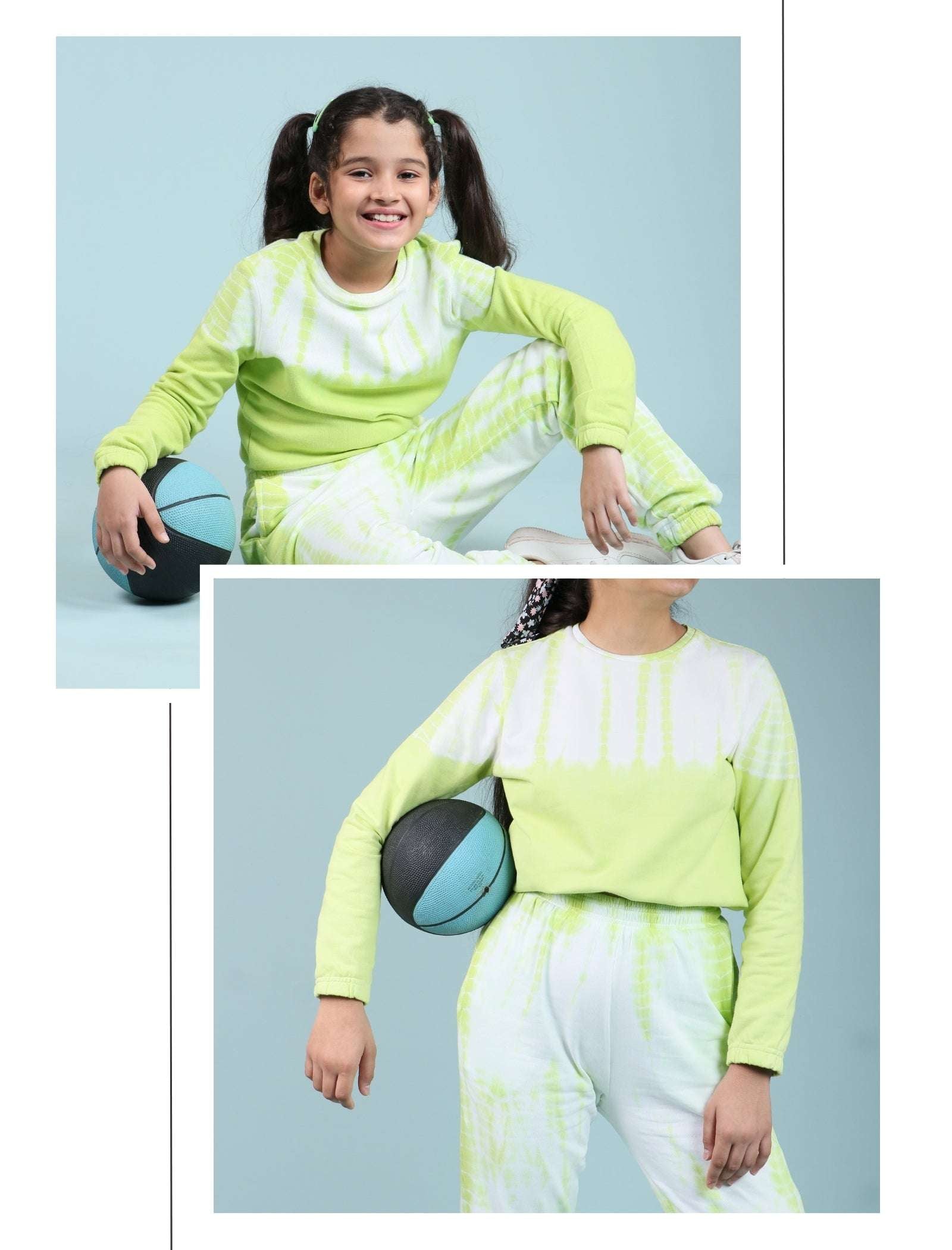 Premium Terry Cotton Tie Dye Girls Kids Winter Joggers Set (Citrus Green) - Tweeny Mini