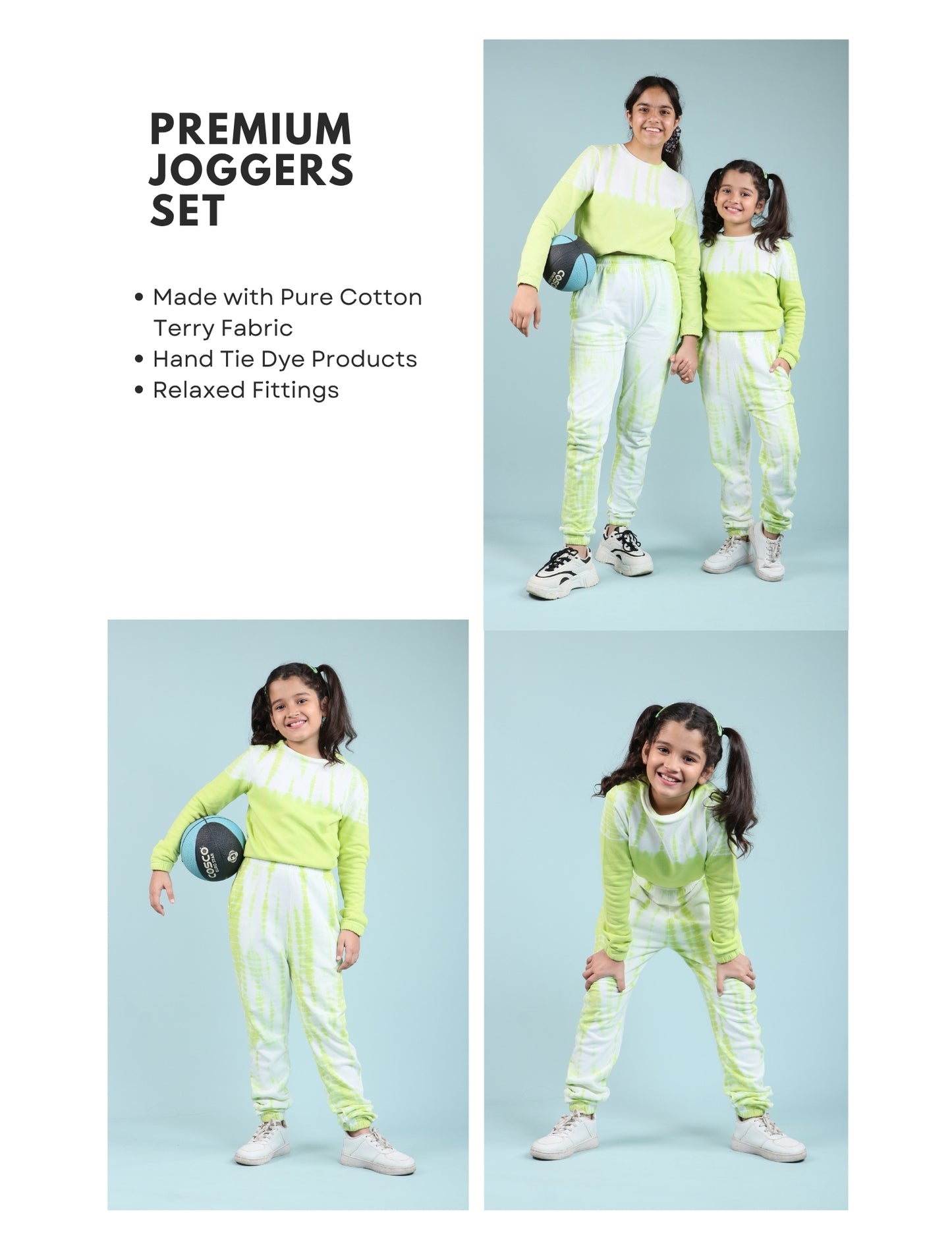 Premium Terry Cotton Tie Dye Girls Kids Winter Joggers Set (Citrus Green) - Tweeny Mini