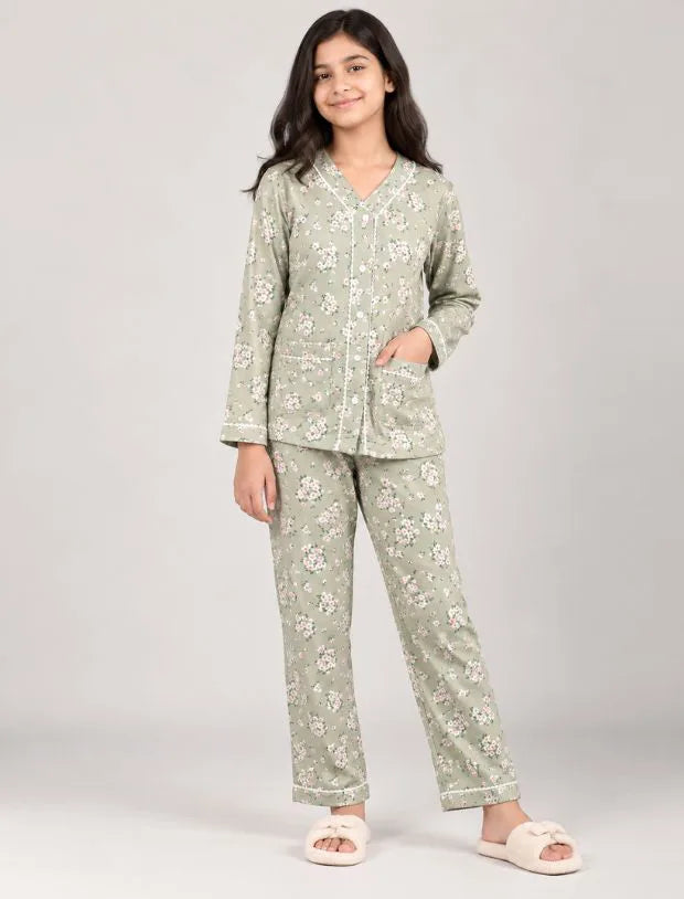 Pure Rayon Floral Nightsuit for Girls Kids (Full Sleeves, Green)
