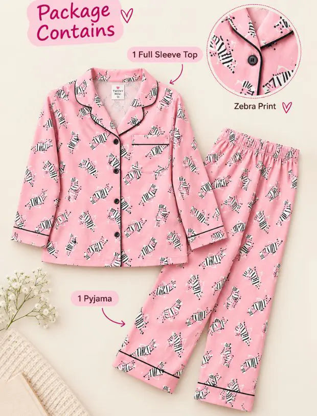 Dancing Zebra Printed Best Sleepwear for Girls Kids Pyjama Set (Full Sleeves, Pink)