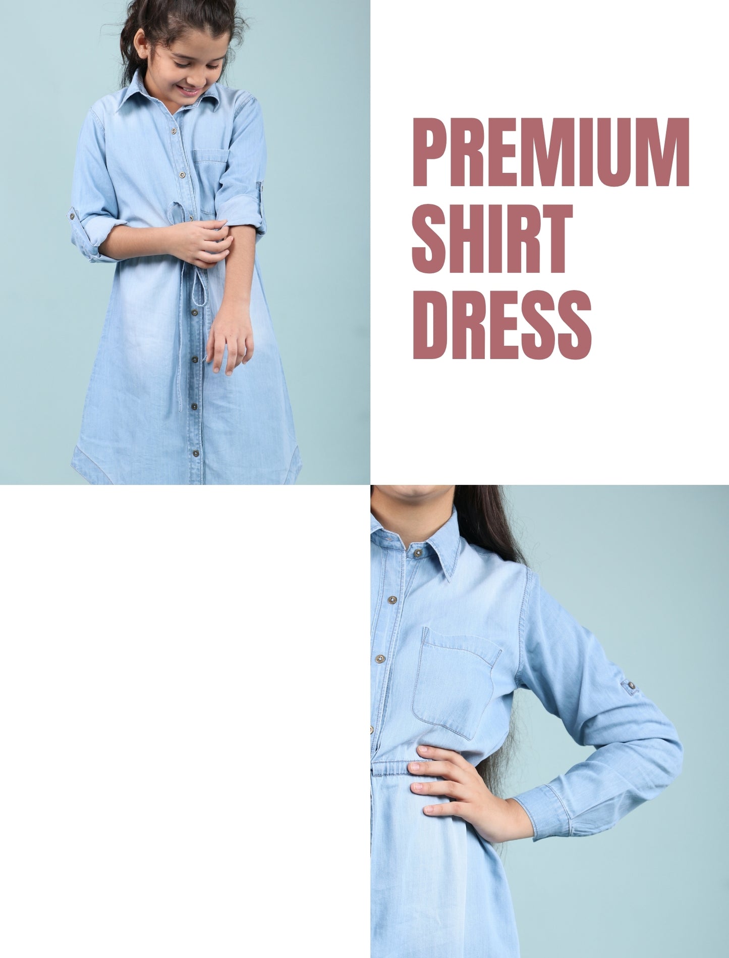 Long Sleeves Denim Shirt Dress for Girls Kids (Light Blue) - Tweeny Mini