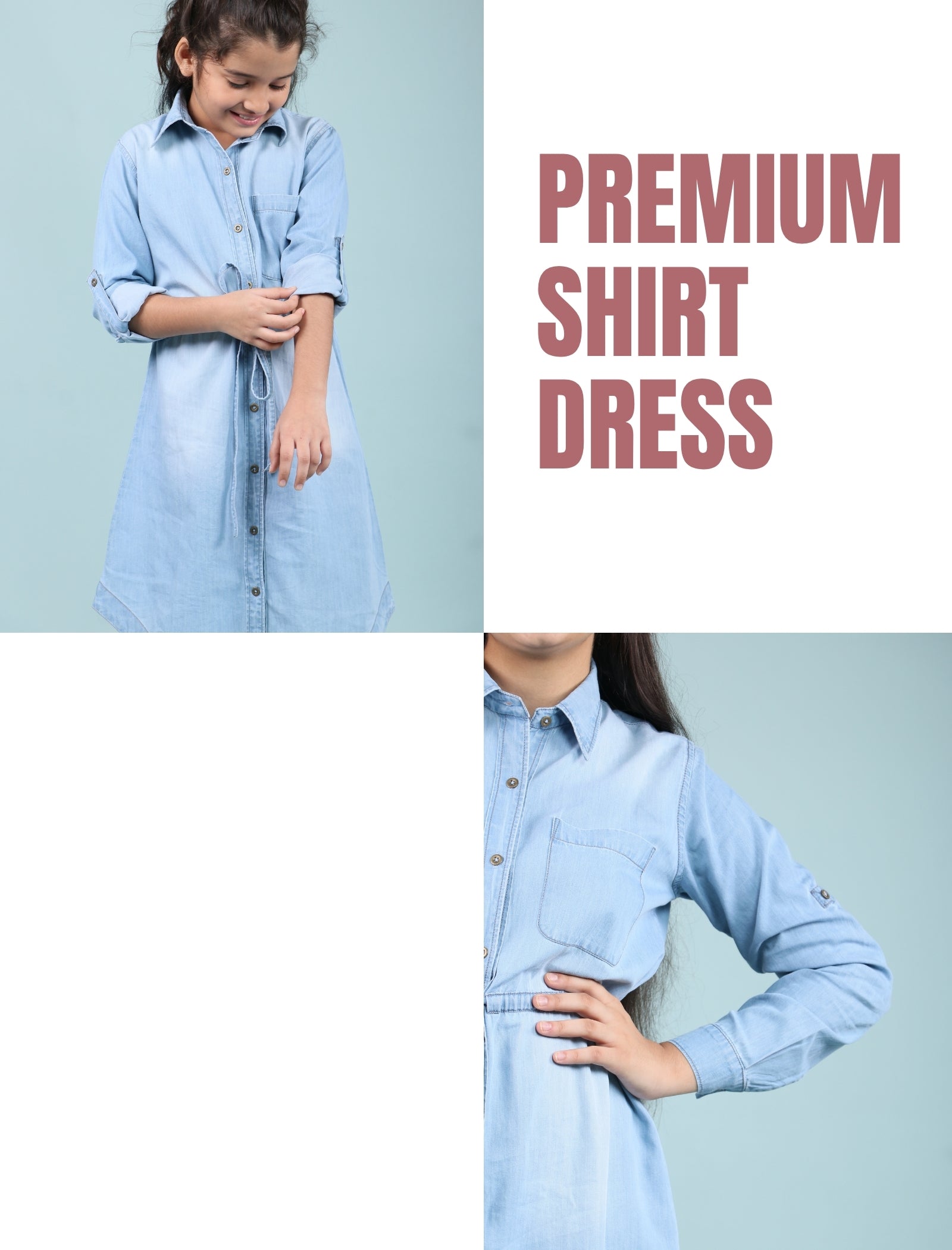 Long Sleeves Denim Shirt Dress for Girls Kids (Light Blue) - Tweeny Mini