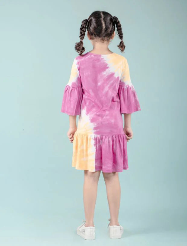 Long Sleeves Girls Kids Tie Dye Dress (Orange-Pink)