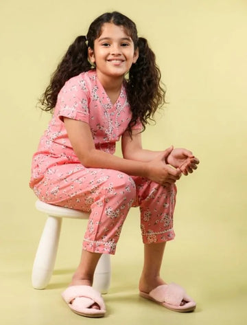 Summer Floral Girls Night Suit for Kids (Half Sleeve, Peach)