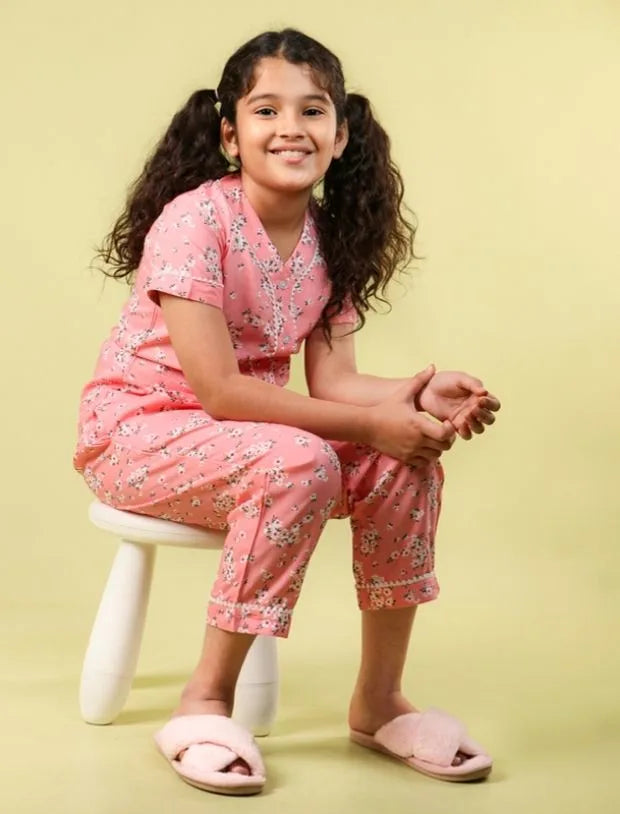 Summer Floral Girls Night Suit for Kids (Half Sleeve, Peach)