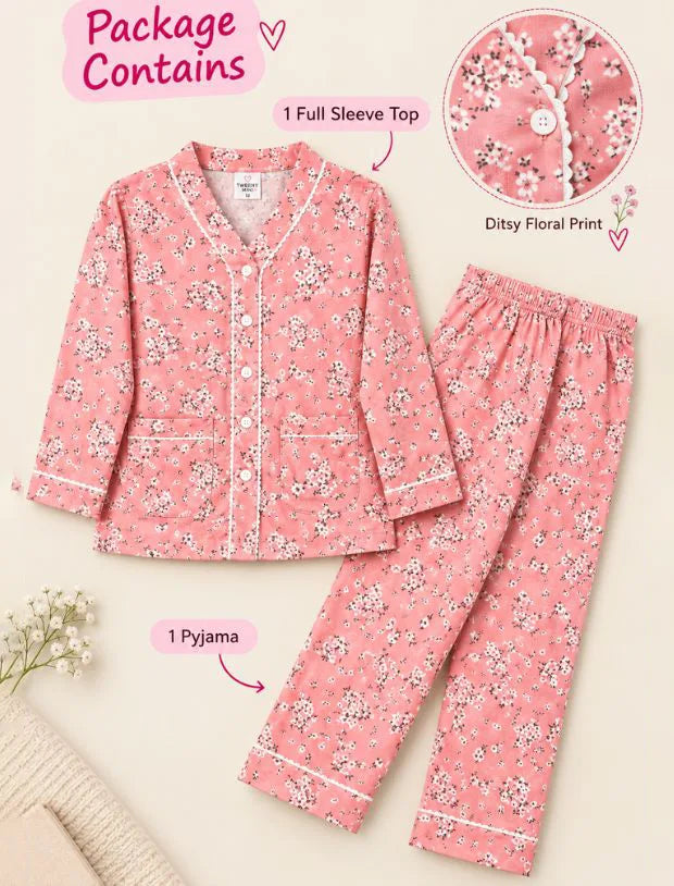Pure Rayon Floral Full Sleeve Night Suit for Girls Kids (Peach)