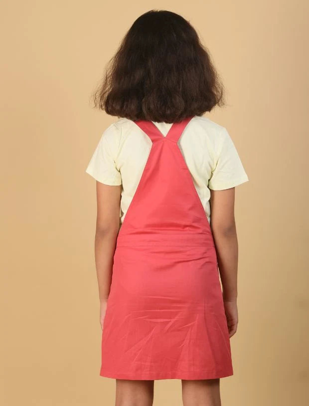 Premium Twill Cotton Pinafore Dress for Girls (Melon Red)
