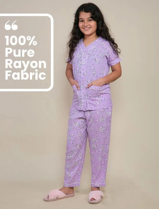Lavender Floral Rayon Night Suit for Girls