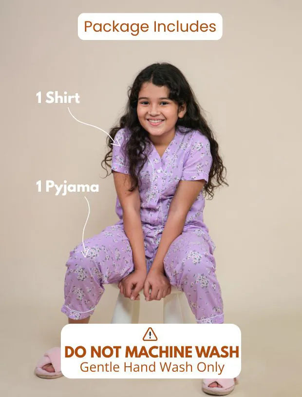 Lavender Floral Rayon Night Suit for Girls