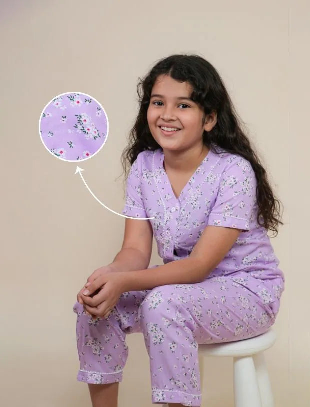 Lavender Floral Rayon Night Suit for Girls