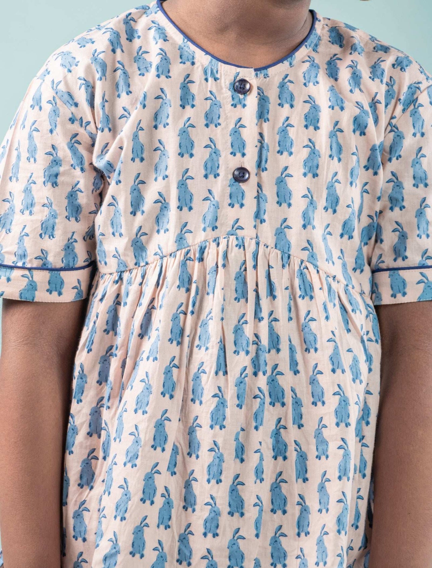 Cute Bunny Printed Night Dress for Girls Kids (Light Blue) - Tweeny Mini