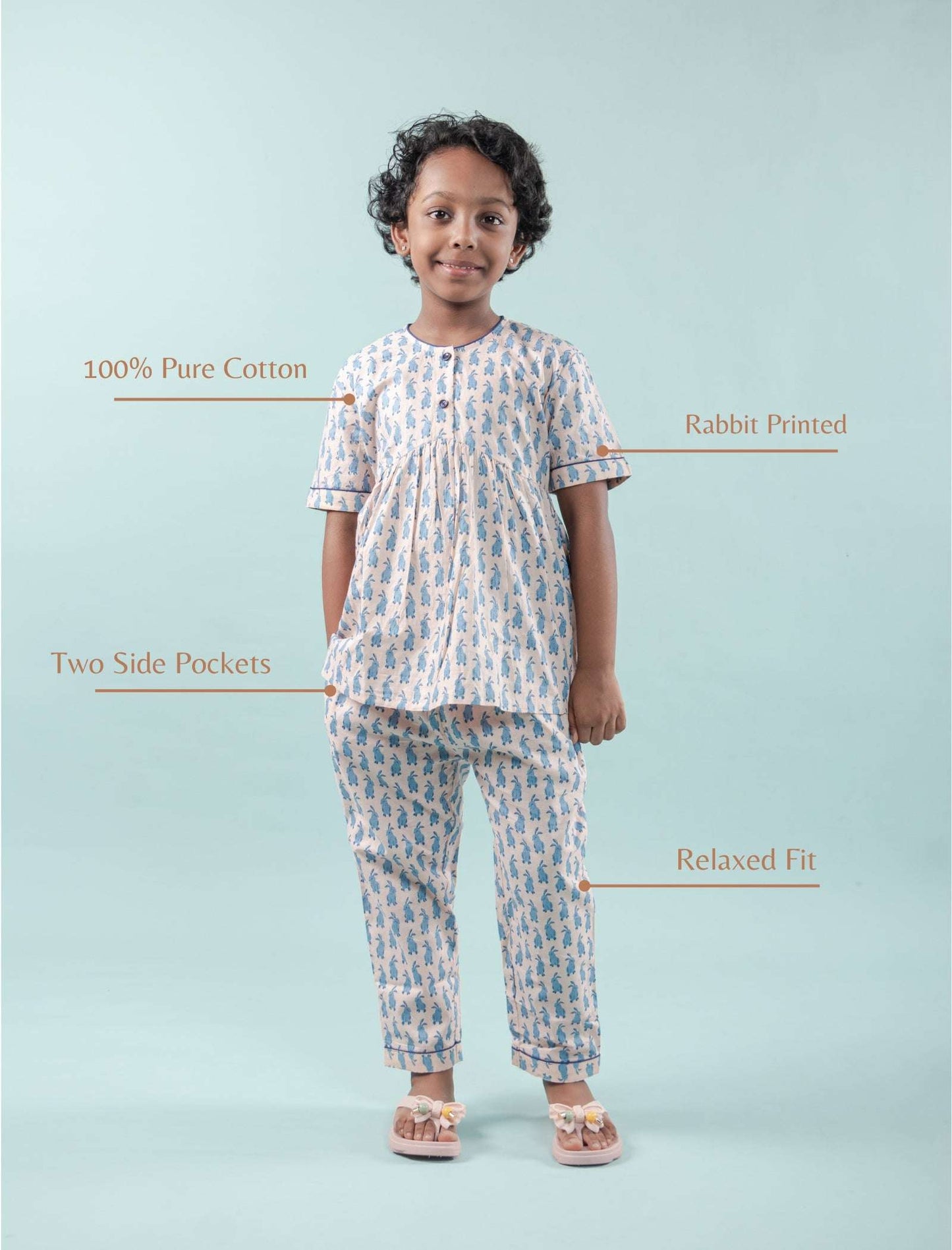 Cute Bunny Printed Night Dress for Girls Kids (Light Blue) - Tweeny Mini