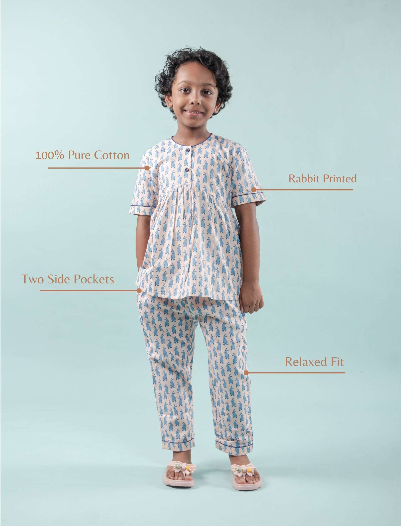 Cute Bunny Printed Night Dress for Girls Kids (Light Blue) - Tweeny Mini