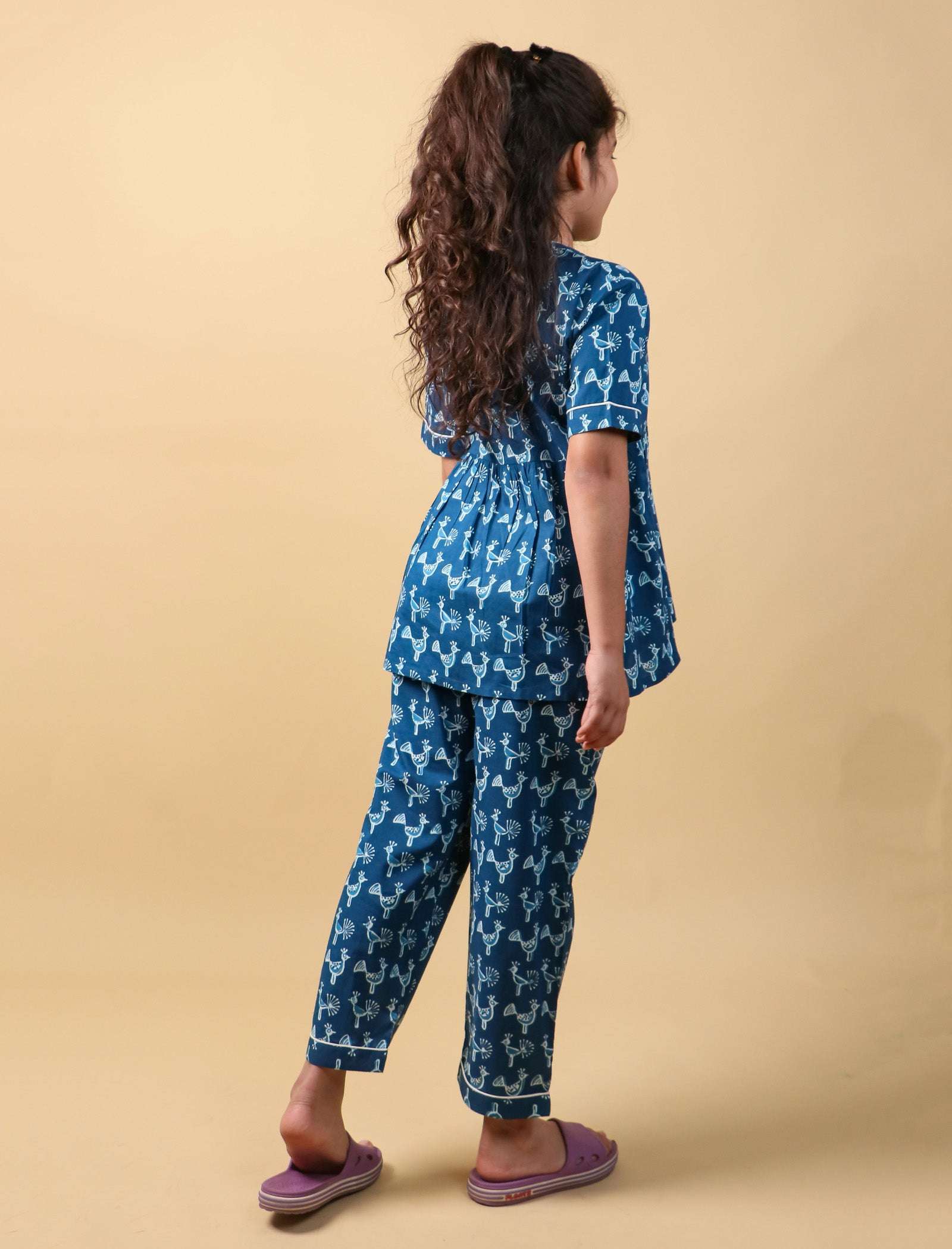Peacock Print Night Suit for Kids Girls (Indigo Blue) - Tweeny Mini