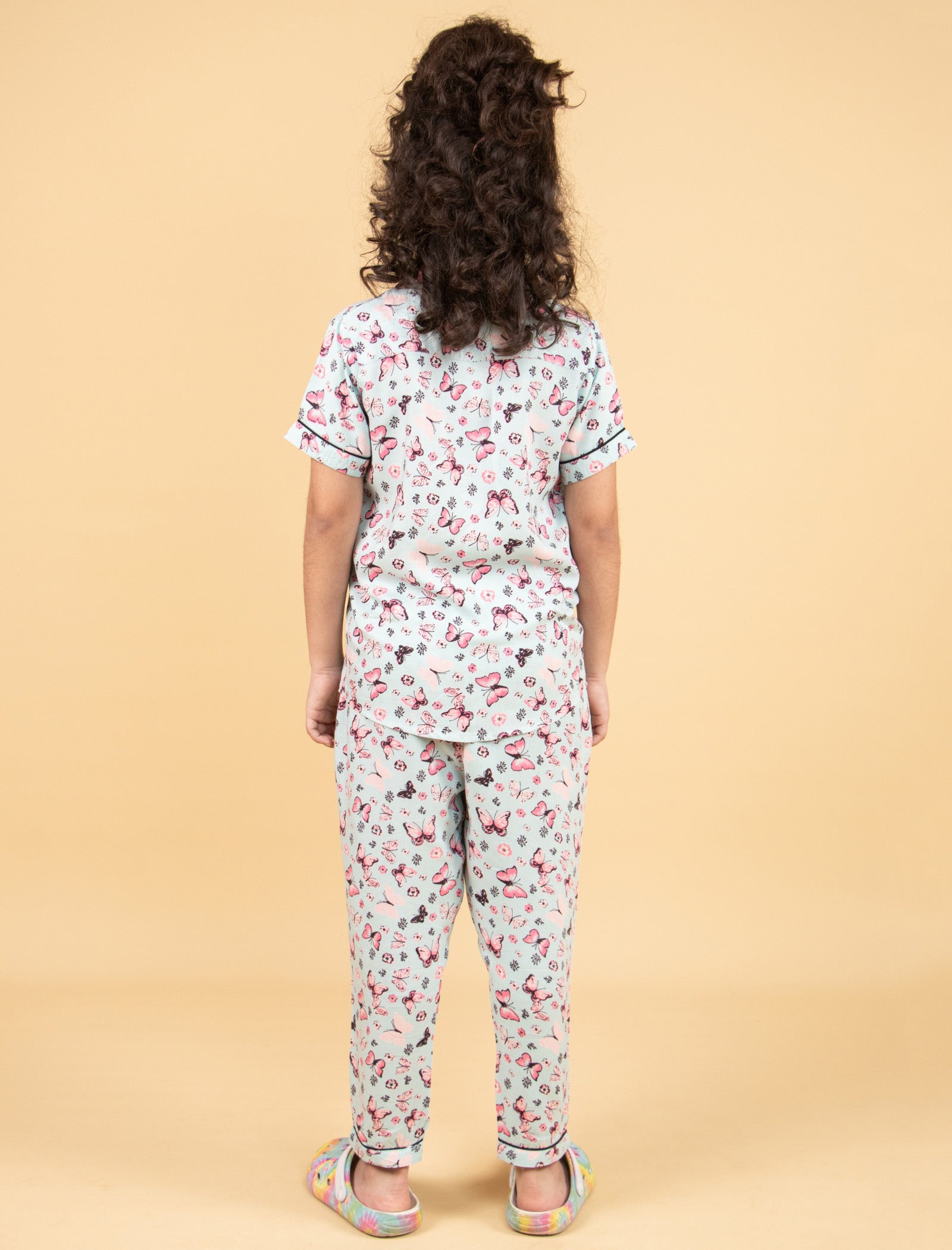 Pure Rayon Butterfly Printed Night Suits for Girls Kids (Blue) - Tweeny Mini