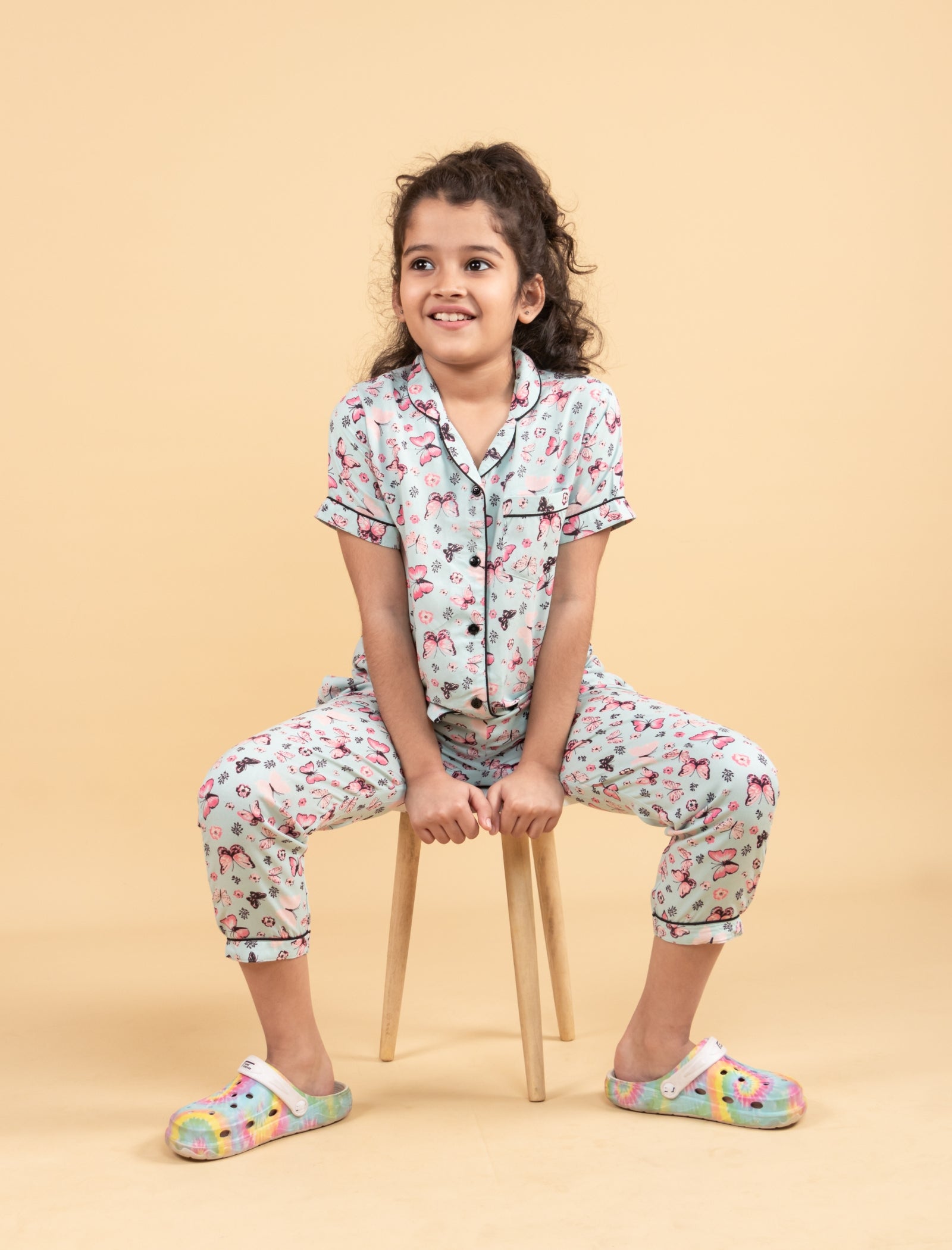 Pure Rayon Butterfly Printed Night Suits for Girls Kids (Blue) - Tweeny Mini