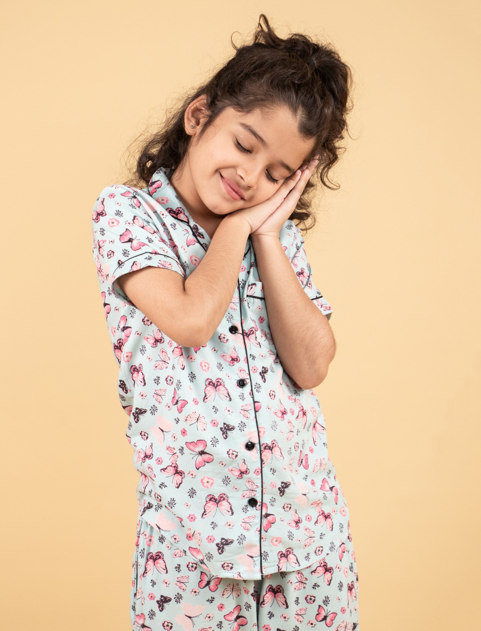 Pure Rayon Butterfly Printed Night Suits for Girls Kids (Blue) - Tweeny Mini