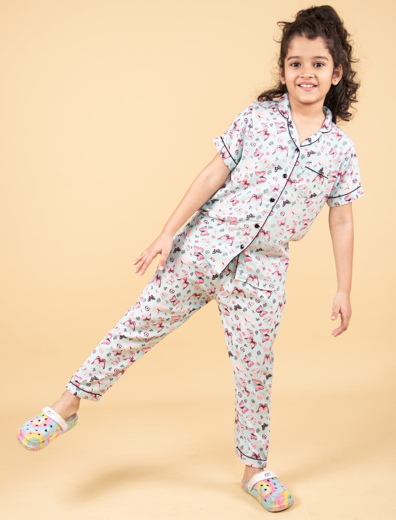 Pure Rayon Butterfly Printed Night Suits for Girls Kids (Blue) - Tweeny Mini