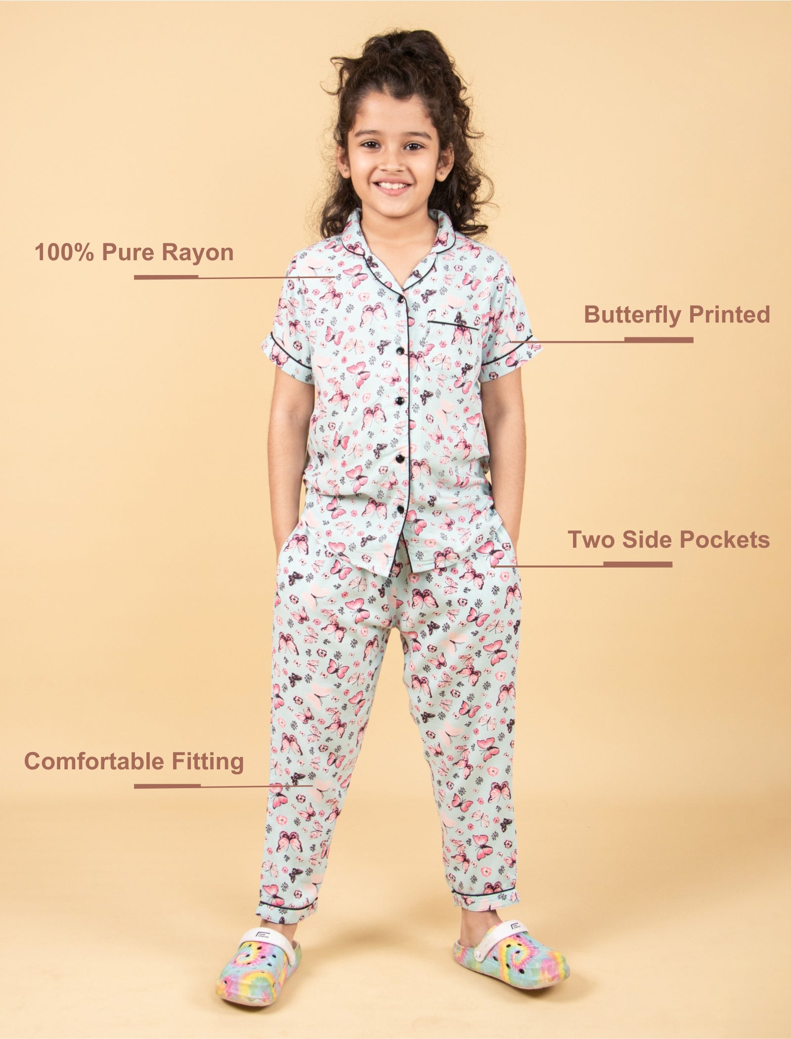 Pure Rayon Butterfly Printed Night Suits for Girls Kids (Blue) - Tweeny Mini