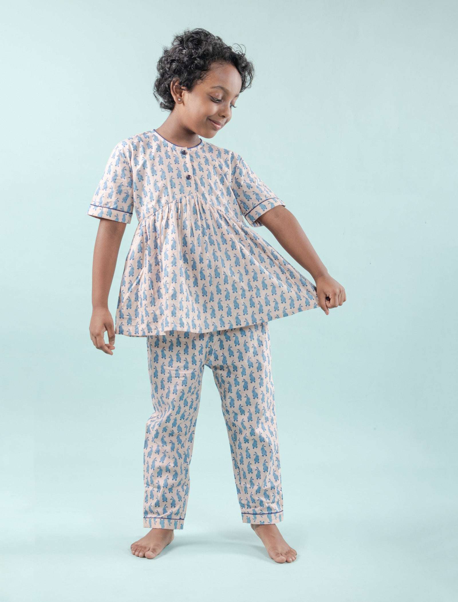 Cute Bunny Printed Night Dress for Girls Kids (Light Blue) - Tweeny Mini