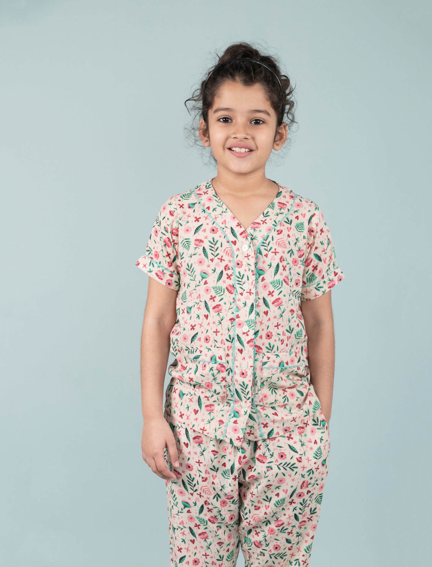 Pure Rayon Floral Printed Night Dress for Girls Kids with Pyjama Set (Half Sleeve, Beige) - Tweeny Mini