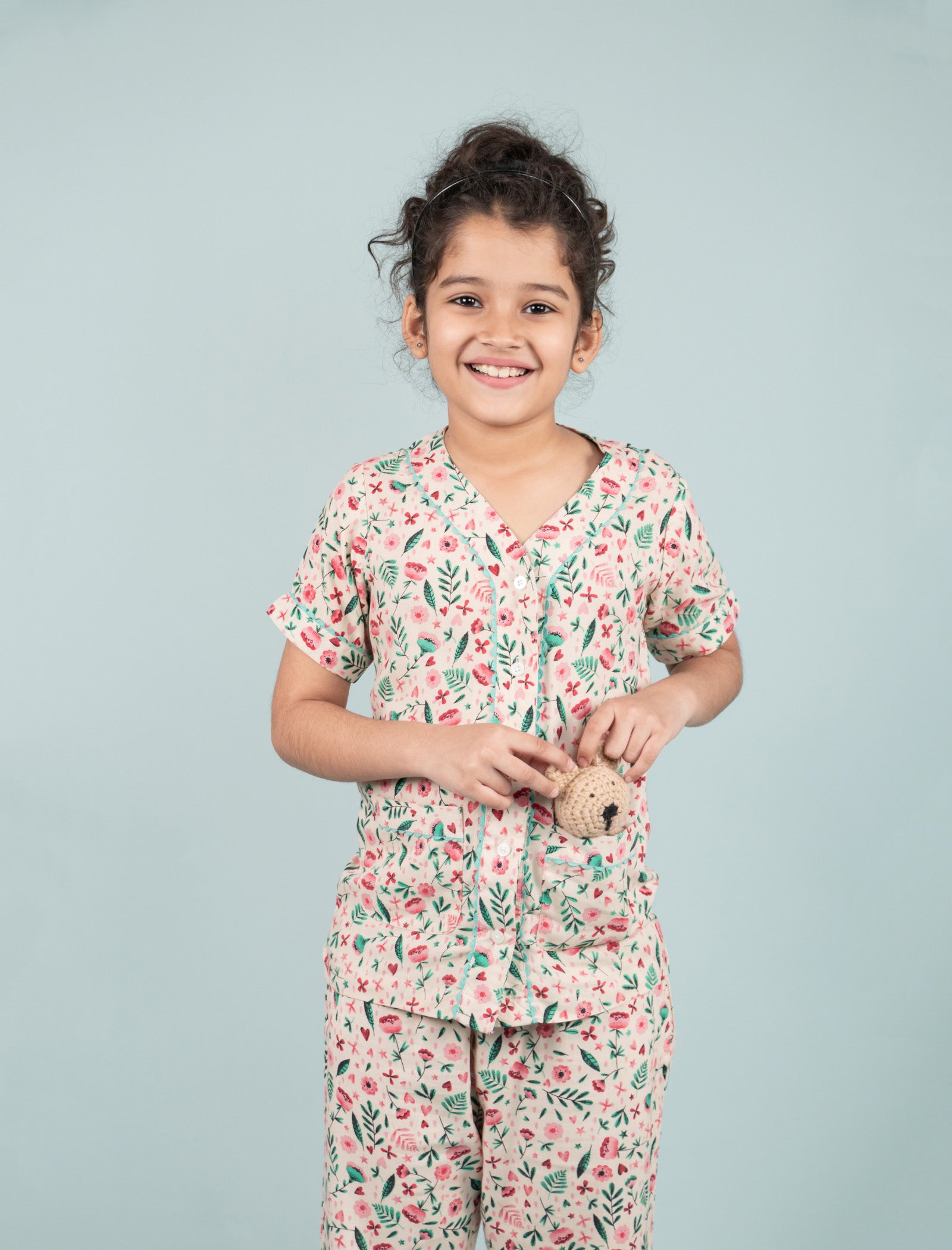Pure Rayon Floral Printed Night Dress for Girls Kids with Pyjama Set (Half Sleeve, Beige) - Tweeny Mini