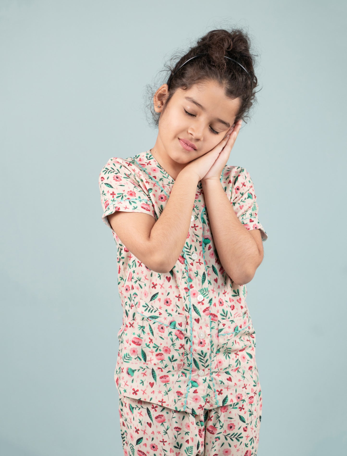 Pure Rayon Floral Printed Night Dress for Girls Kids with Pyjama Set (Half Sleeve, Beige) - Tweeny Mini