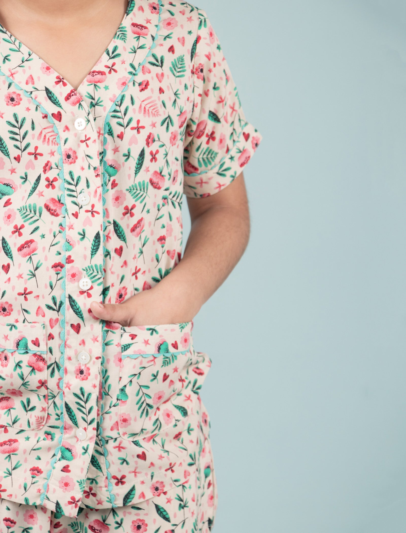 Pure Rayon Floral Printed Night Dress for Girls Kids with Pyjama Set (Half Sleeve, Beige) - Tweeny Mini