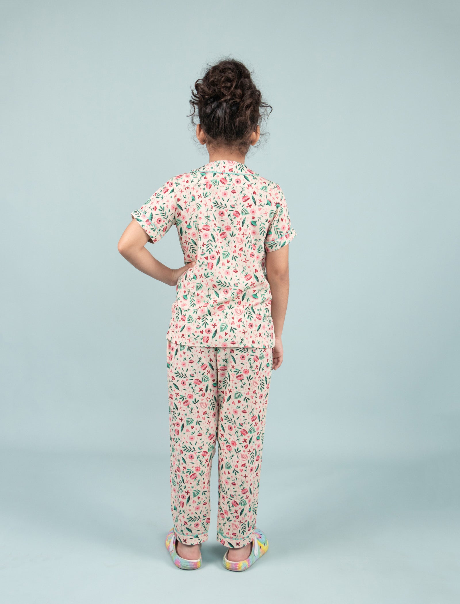 Pure Rayon Floral Printed Night Dress for Girls Kids with Pyjama Set (Half Sleeve, Beige) - Tweeny Mini