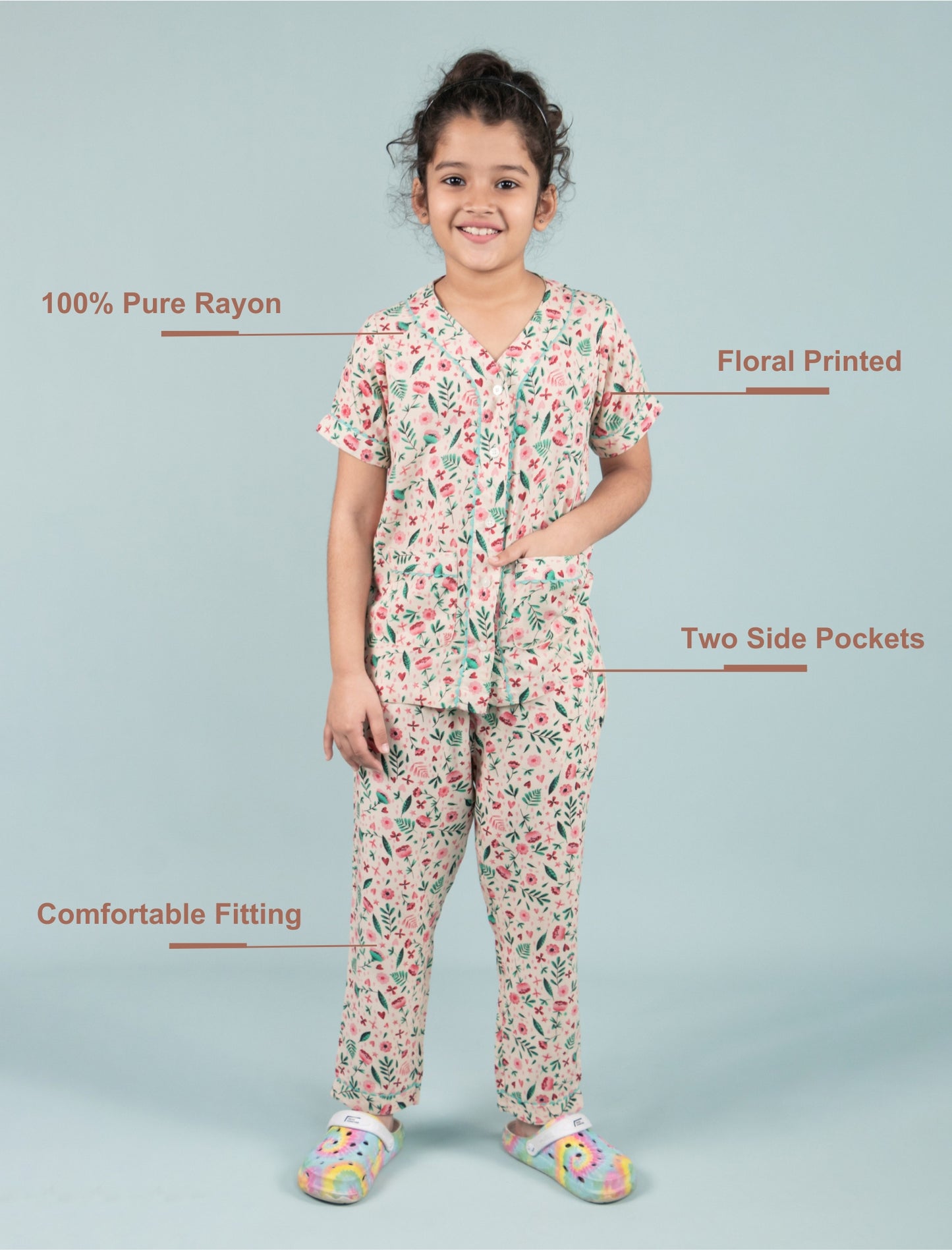 Pure Rayon Floral Printed Night Dress for Girls Kids with Pyjama Set (Half Sleeve, Beige) - Tweeny Mini